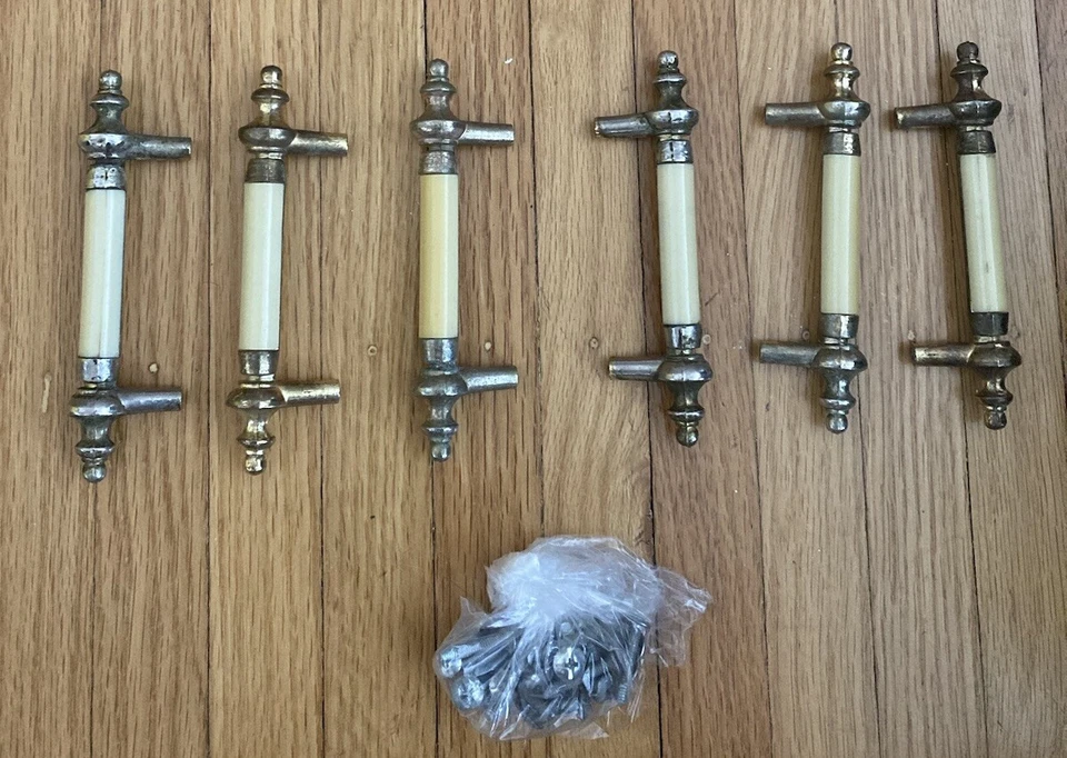 6 Matching Vintage ivory Bakelite & Solid Brass  Drawer Handles ~ Pulls - Image 1 of 4