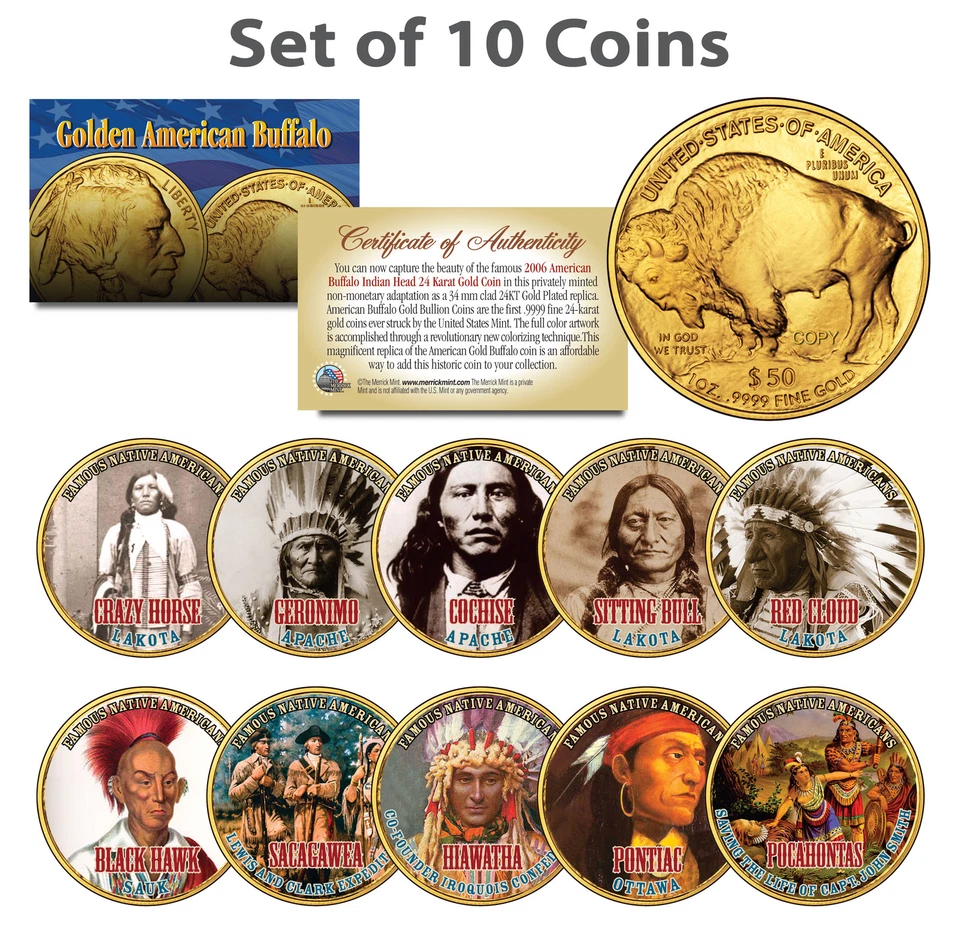 FAMOUS NATIVE AMERICANS Colorized American Gold Buffalo 10-Coin Full Set INDIANS - Image 1 of 1