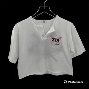 Zeta Tau Alpha ZTA Womens T-Shirt M White Crop Sorority Greek Strike Out Cancer - Picture 1 of 13