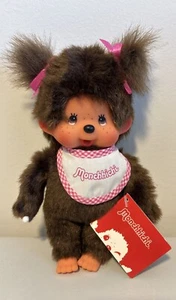 Monchhichi Plush Toy with Pink Bow & Pink/White Bib Pino Bows Pigtails 19cm BNWT - Picture 1 of 8