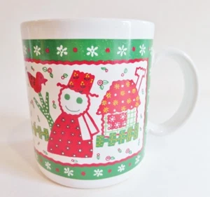 Vintage 1970s Christmas Coffee Mug Cup Japan Ceramic Snowman Wreath Joy Calico - Picture 1 of 6