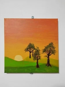 Trees On A Hill With Sunset Acrylic Painting - Picture 1 of 10