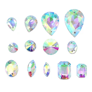 Weiß Ab viele Formen Aufnähen Kristall Zwei Loch Facettiert Glas Strass Schmuck Perlen - Bild 1 von 21