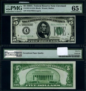 FR. 1951 D $5 1928-A Federal Reserve Note Cleveland D-A Block Gem PMG CU65 EPQ - Picture 1 of 3