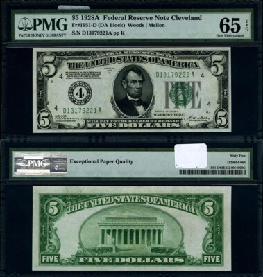 FR. 1951 D $5 1928-A Federal Reserve Note Cleveland D-A Block Gem PMG CU65 EPQ - Image 1 of 3