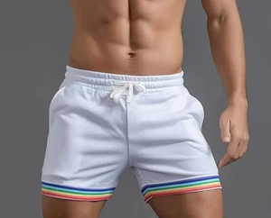 New in Package Men's Sexy White Rainbow Leg Pocketed Sport Shorts - Gay - Picture 1 of 10