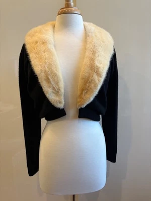 Suéter negro 100 % cachemir Quality House de colección con cuello de piel crema desmontable pequeño Foto 1 de 4