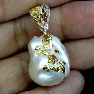 925 Sterling Silver Pendant Round Ruby Myanmar Pearl Natural Gemstone Jewelry - Picture 1 of 14