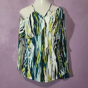 Bold Elements Cold One Shoulder Langarm grün weiß Print Rüschen Top XL Neu mit Etikett - Bild 1 von 10