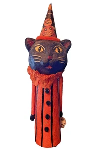 Paper Mache Black Cat 14" Orange Halloween Trick Treat Figure Skull Bucket VTG - Picture 1 of 7