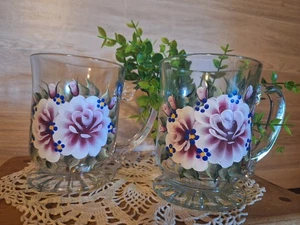 Paar handbemalte Blumen Glas Fuß Tassen, Kaffeebar, Cottage Kern, groß... - Bild 1 von 9