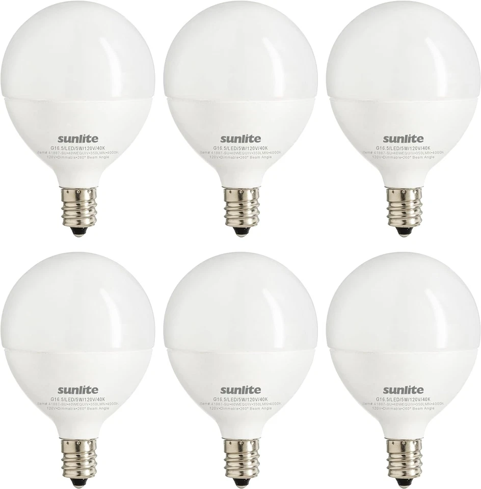 6Pack G16.5 LED Frosted Globe Light Bulb, E12, 5W (40W), 4000K, 350LM - Image 1 of 1