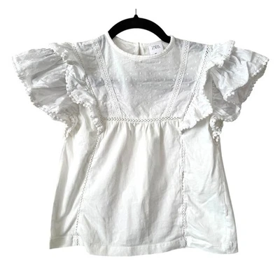 Girl's ZARA 100% Cotton White Boho/Cottagecore Ruffled Short Sleeve Top-Size 9 - Image 1 of 4