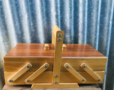 Home Decor Sew Vintage Mid Century Wood Handle 2 Tier Accordion Storage Box - image 1 of 4