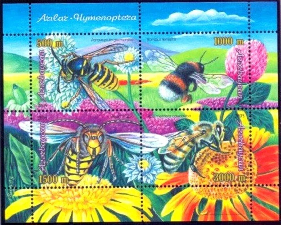 Azerbaiyán 2005 * Abejas * Flores * FLORA Y FAUNA * Insectos * Bloque * MNH Foto 1 de 2