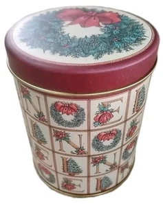 Vintage Christmas Noel Tin Canister Red Lid Holiday Wreath Tree 1990s DecorGift - Picture 1 of 8