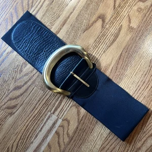 Vintage 80s Donna Karan Gold Buckle Wide Stretch Belt P-S Statement Piece - Picture 1 of 11