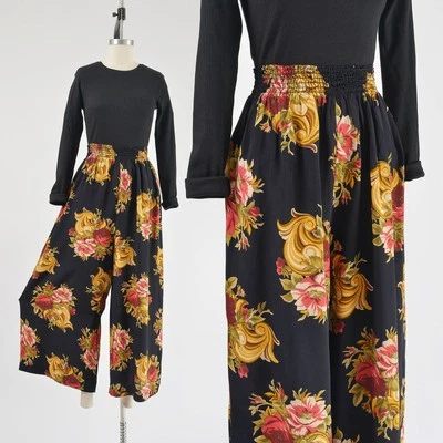 Pantalones Palazzo Vintage Años 90 Negro Estampado Floral Pierna Ancha Cintura Elástica S Foto 1 de 4
