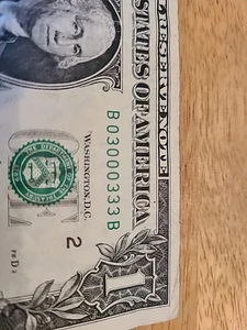 03000333. $1 FRN Fancy Binary Serial Number. - Picture 1 of 3