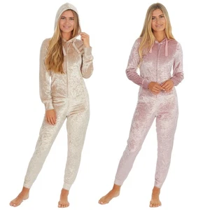 Ladies Crushed Velvet 1Onesie All In One Hooded Pyjamas Size 8-22 - Picture 1 of 13