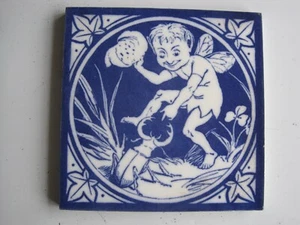 ORIGINAL ANTIKE MINTONS ELFENSERIE FLIESE - ELFENSPOTT HIRSCHHORN KÄFER UM 1875 - Bild 1 von 2