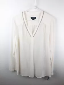 Top Liz Claiborne Carrera Manga Larga Talla XL Marfil Plata Borde Cuello en V Semi Transparente A5 - Imagen 1 de 6