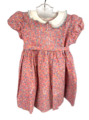 Vestido vintage para niñas rosa floral estampado calicó manga abullonada faja utilería Foto 1 de 4