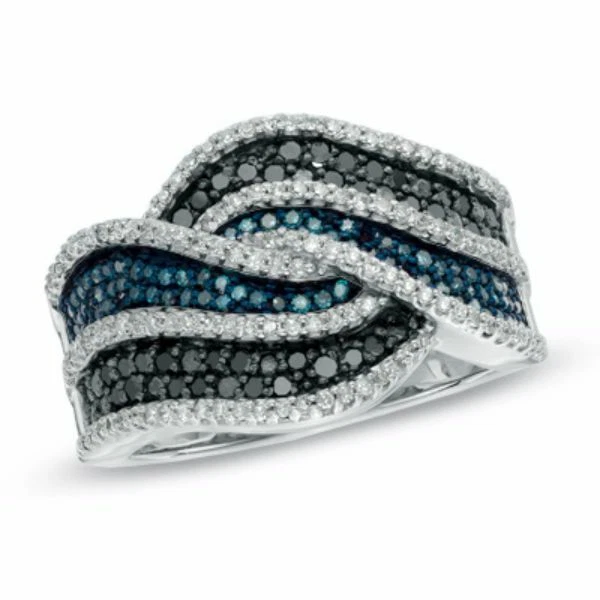 3/4ct Real Blue, Black & White Diamond Wave Ring in Rhodium Plated ? Sterling - Image 1 of 2