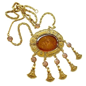 Vintage SIGNED GOLDETTE Reverse Intaglio Cameo Glass Necklace - Picture 1 of 6