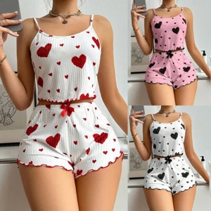 2pcs Womens Heart Printed Vest Tank Top Shorts Sleepwear Pajamas Robes Set Pjs - Picture 1 of 27