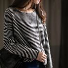Womens Black White Stripe Round Neck Long Sleeves Pullover Knitted Sweater Tops