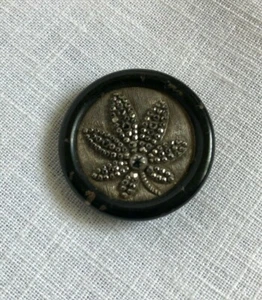 Vintage Bottone Metallo Foglia Floreale Design 1 1/4 In Cornice Dipinta Nero - Foto 1 di 4