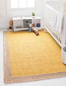 Rug Yellow Jute Natural Handmade Braided Farmhouse Decor Rustic Modern Carpet - Picture 1 of 14