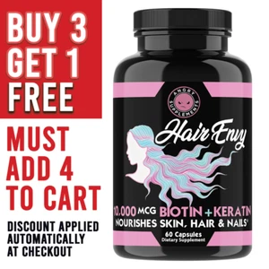 Angry Supplements Women Hair Envy Biotin + Keratin 10,000 MCG All Natural 60 Ct - Picture 1 of 14