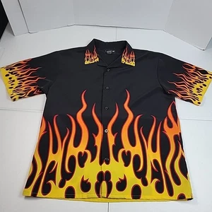 VTG Y2K No Boundaries Flame Shirt Mens M Fire Print Rockabilly Camp Collar 90s - Picture 1 of 6