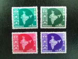 INDIA  M/MINT STAMPS 1958-63 MAP OF INDIA  1, 10, 13, 15  NP  SG399 & SG405-7. - Picture 1 of 2