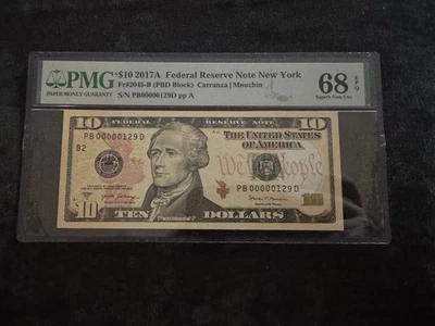 2017A $10 Federal Reserve Note PMG 68 EPQ - Three Digit Low Serial - PB 00000129 - Image 1 of 2