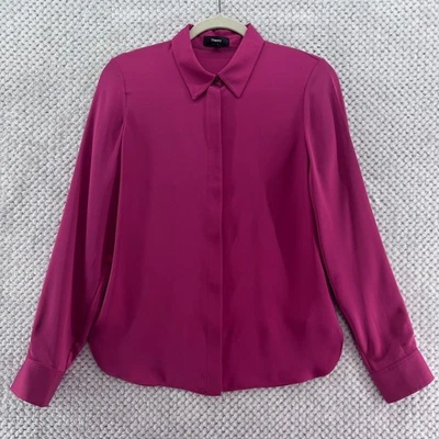 Camisa Theory Top Mujer S Rosa Magenta Seda Botón Frontal Cuello Carrera Dinero Foto 1 de 4