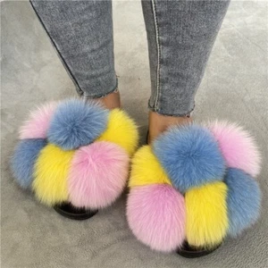 Women's Pompom Ball Fur Slides Real Fox Fur Slipper Summer Sandals Furry Shoes - Picture 1 of 14