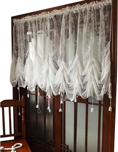 Lace Balloon Curtain White Adjustable Tie-Up Curtain Shade, Embroidered Semi She - Picture 1 of 8