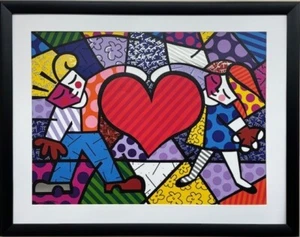 Romero Britto "Heart Kids"  CUSTOM FRAMED Pop  Art Print with Silver Foil - Picture 1 of 3