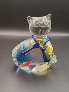 Vintage Clear And Swirl Glass Cat Gold Fish Bowl Blue Paperweight Figure 4 In - Picture 1 of 10