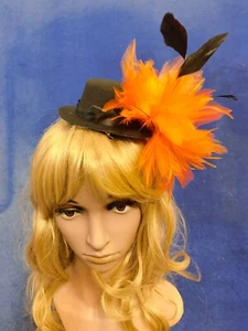 Orange black feather mini top hat fascinator millinery burlesque wedding 1 - Picture 1 of 3
