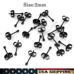 2mm  Women's Men's Stainless Steel Black Round Solid Ball Stud Earrings 4Pairs - Picture 1 of 2