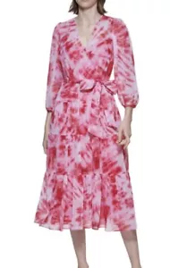 Calvin Klein 6 Tie Dye Metallic Tiered Midi Dress Hot Pink Abstract Fairy Whimsy - Bild 1 von 12