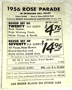 1956 Rose Parade Drewry Photocolor Folien Bestellformular mit Liste aller Floats - Bild 1 von 3