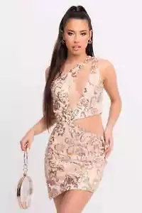 Rose Gold Criss Cross Floral Lace Sequin Embellished Cut Out Mini Dress - Picture 1 of 8