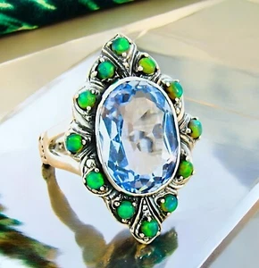 VINTAGE STYLE 925 SOLID STERLING SILVER SIMULATED AQUAMARINE & OPAL RING  #239 - Picture 1 of 3