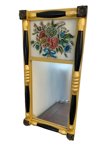 Antique Federal Split Column Reverse Painted Flower Floral Black Gold Mirror 24” Cover