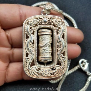 Old Tibet Silver Carved Rotating Lucky Dragon Pillars Pendant Amulet Necklace - Picture 1 of 11